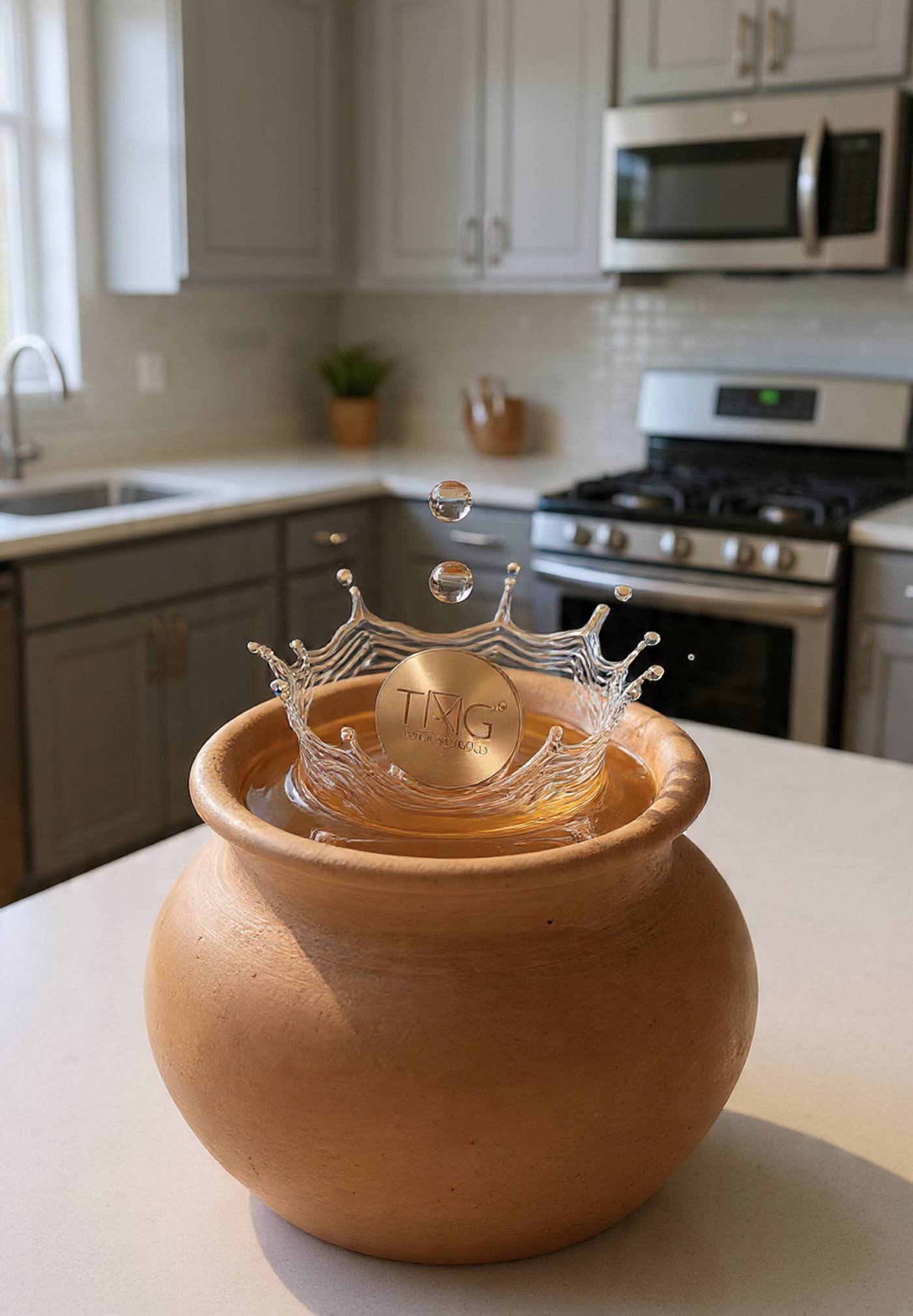 The Next Gold copper coin dropped into a clay matka with a crown-splash