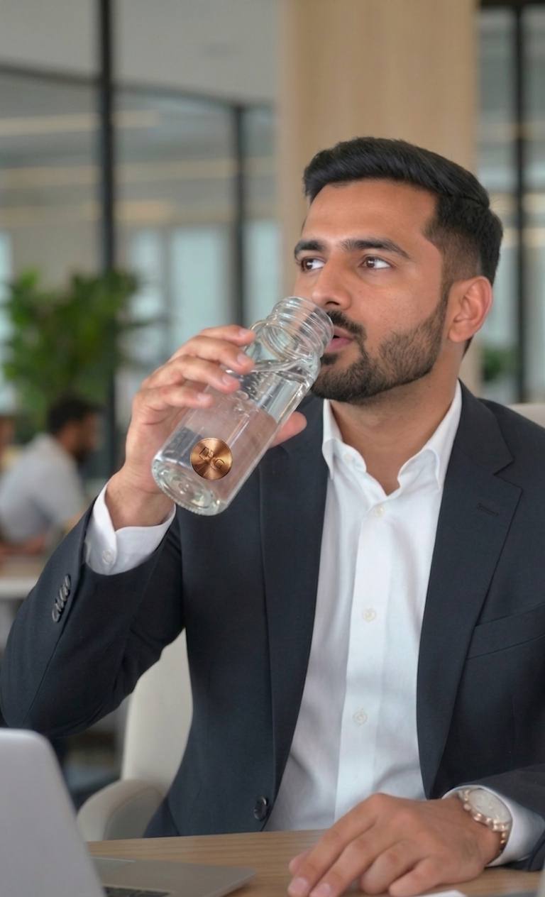 Man drinking copper water from a glass at his office desk