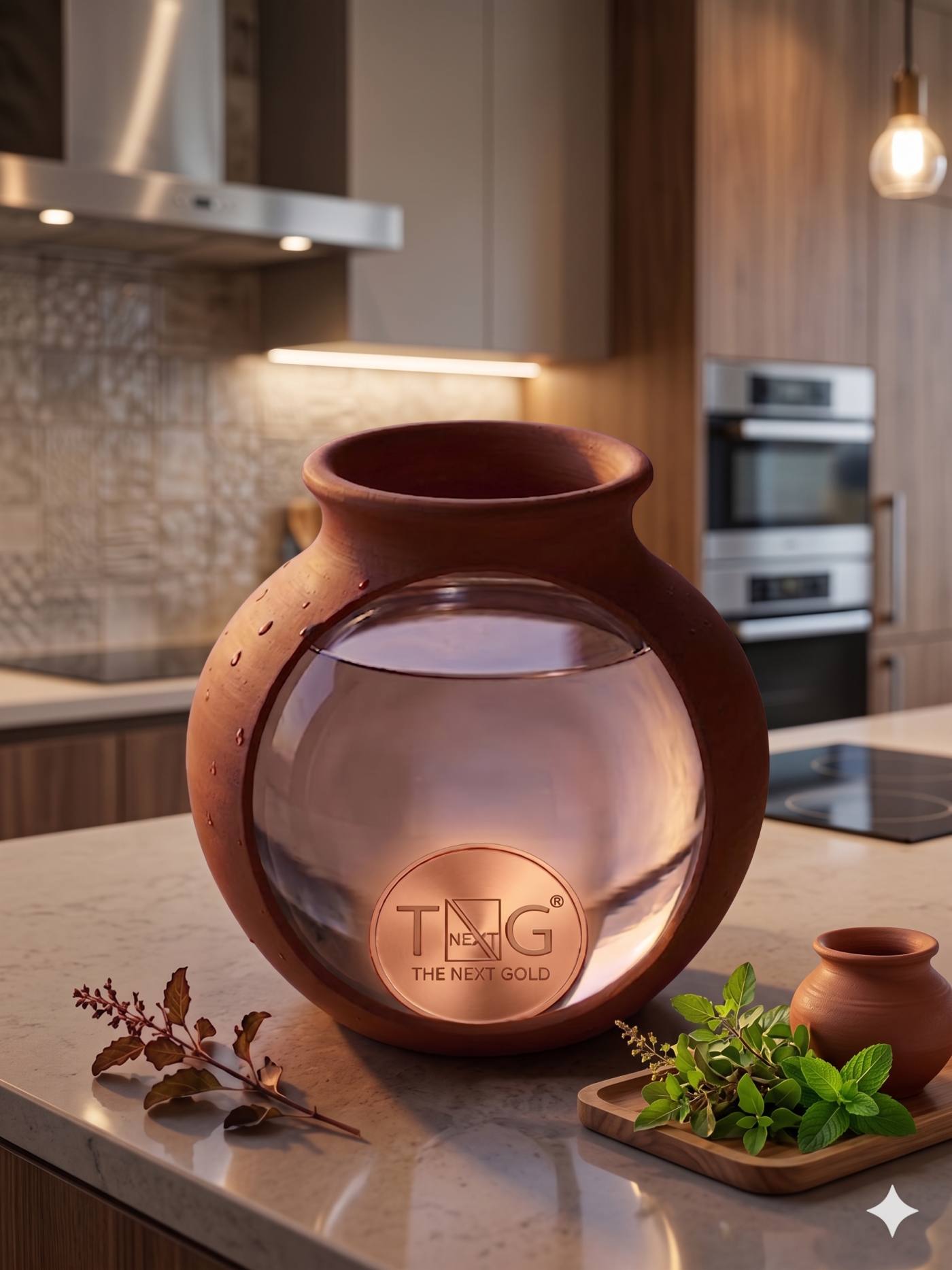 The coin resting inside a transparent matka filled with water